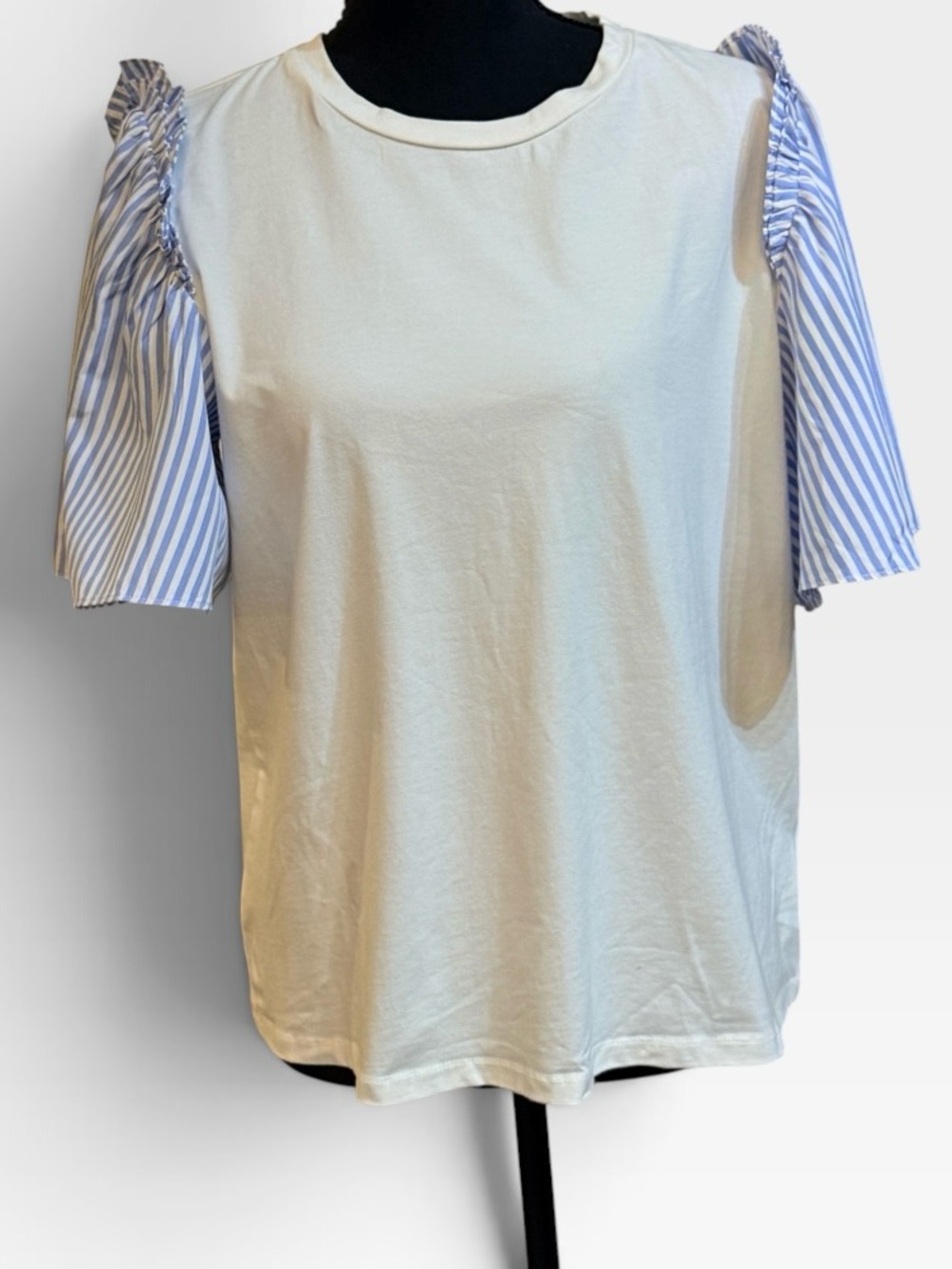 Tuckernuck Hyacinth House Cream Tee with Blue Striped Puff Sleeves Size M
